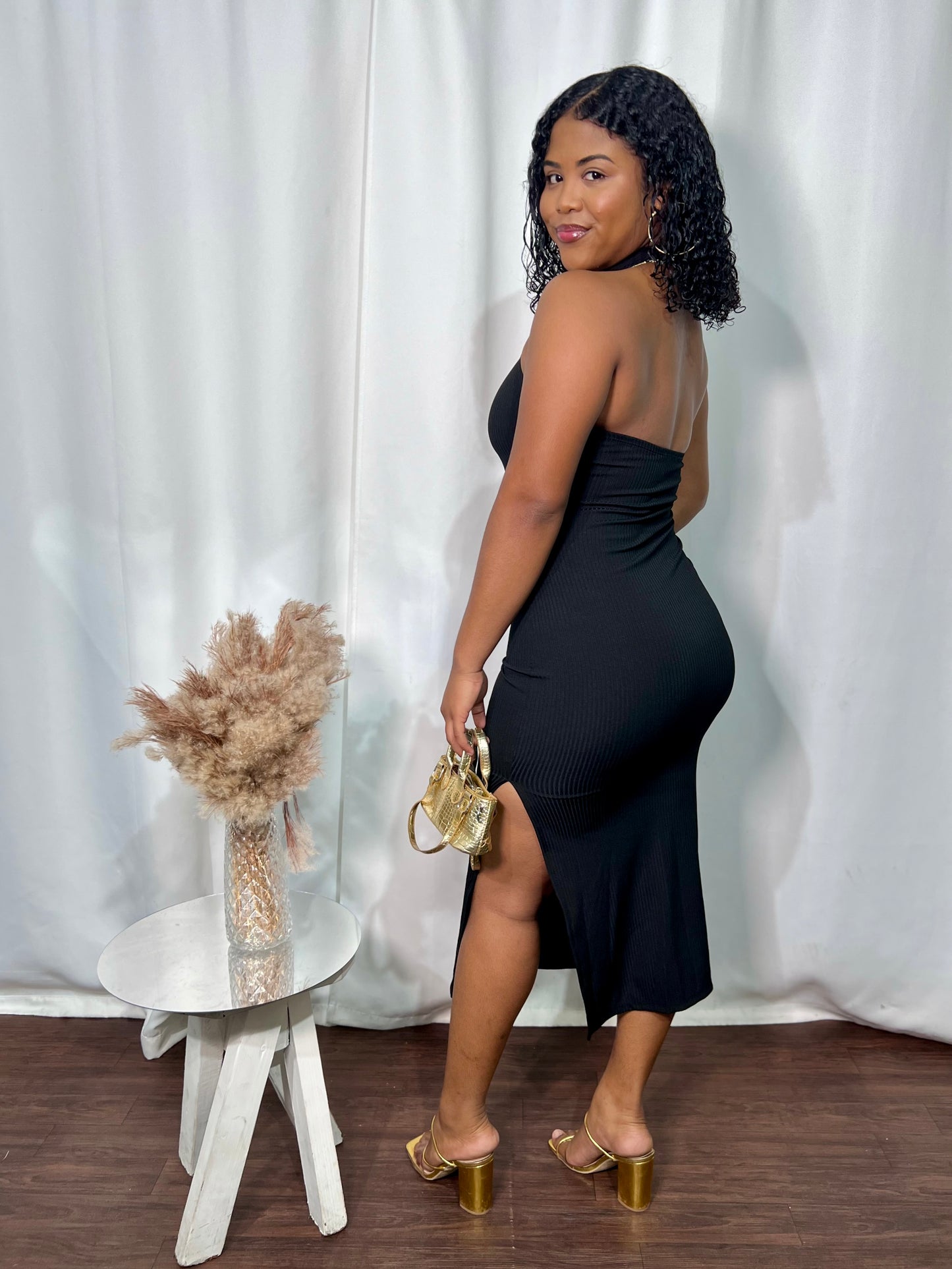 OPEN-BACK HALTER MIDI DRESS