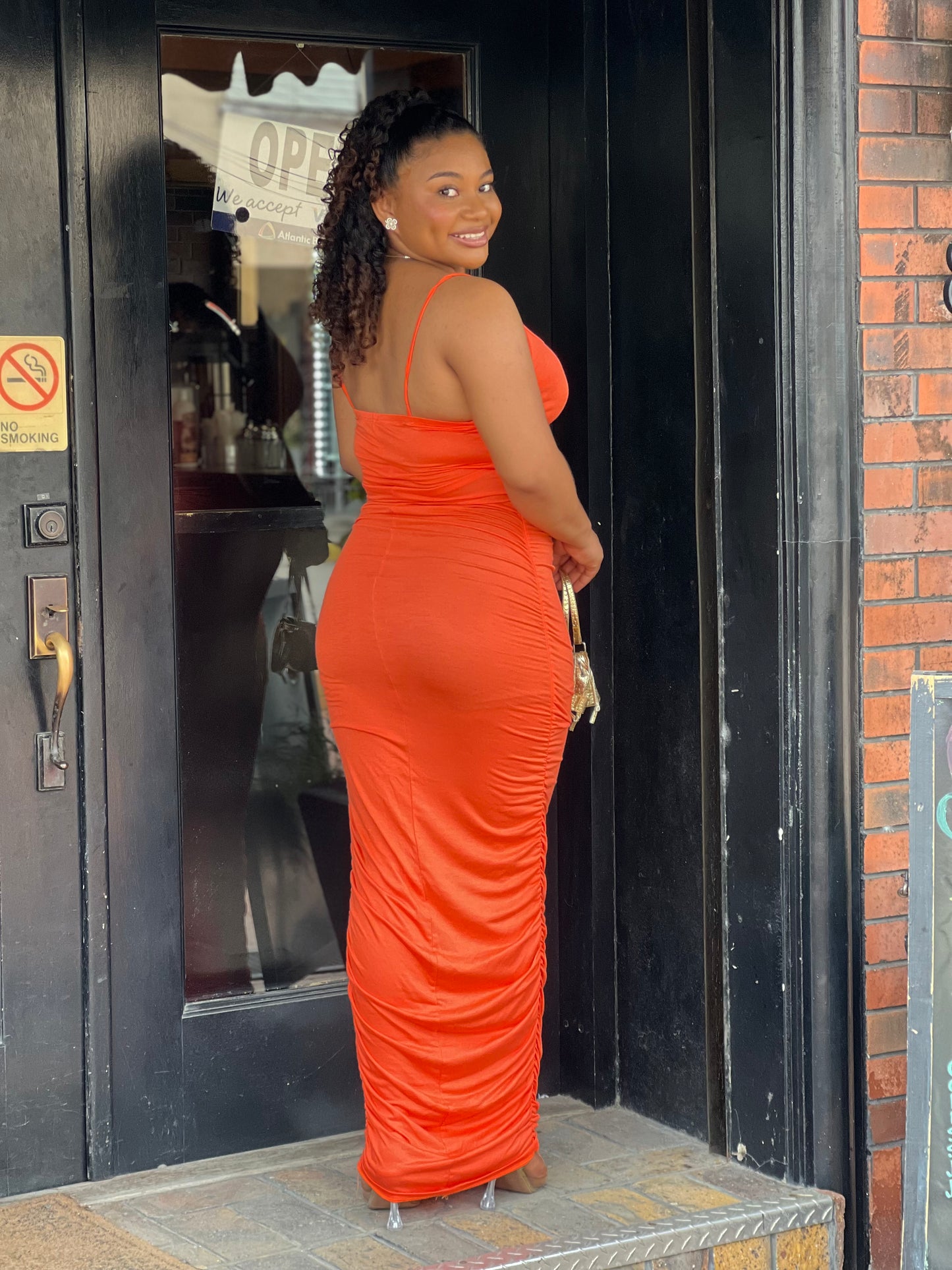 SPAGHETTI STRAP RUCHED MAXI DRESS