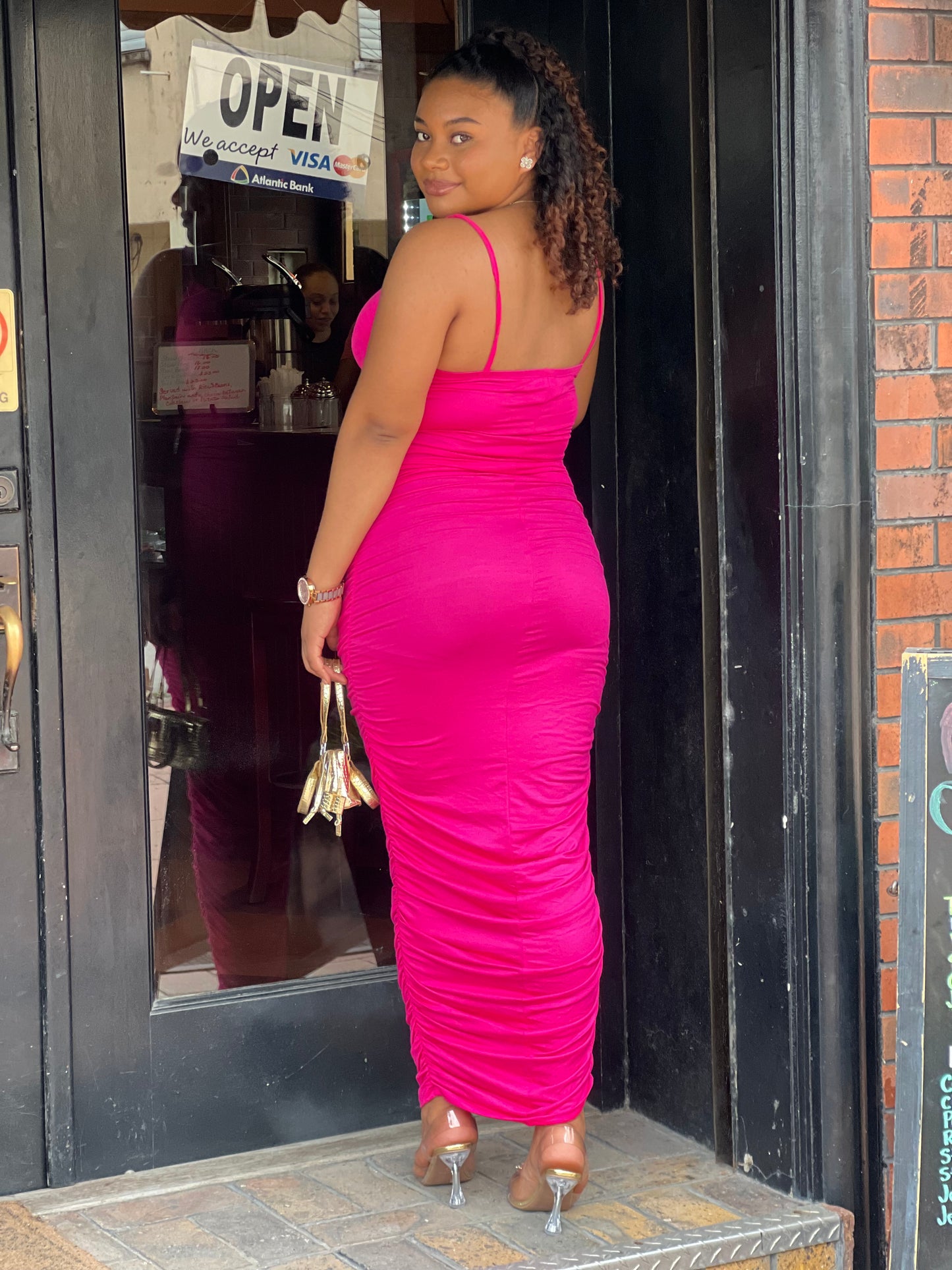 SPAGHETTI STRAP RUCHED MAXI DRESS