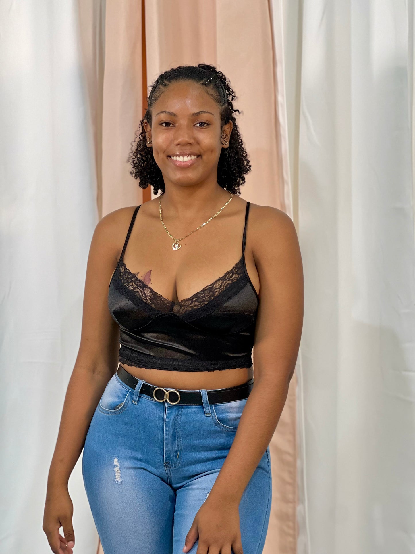 LACE-TRIMMED SATIN CROP TOP