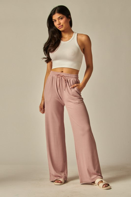 STRETCHY RIBBED DRAWSTRING PANTS