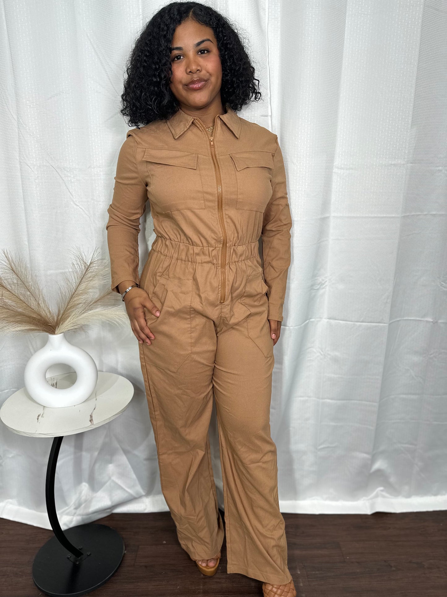LONG SLEEVE WIDE LEG CARGO JUMPSUIT