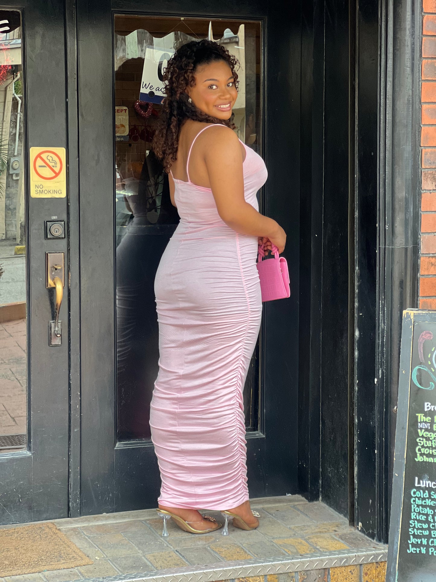 SPAGHETTI STRAP RUCHED MAXI DRESS