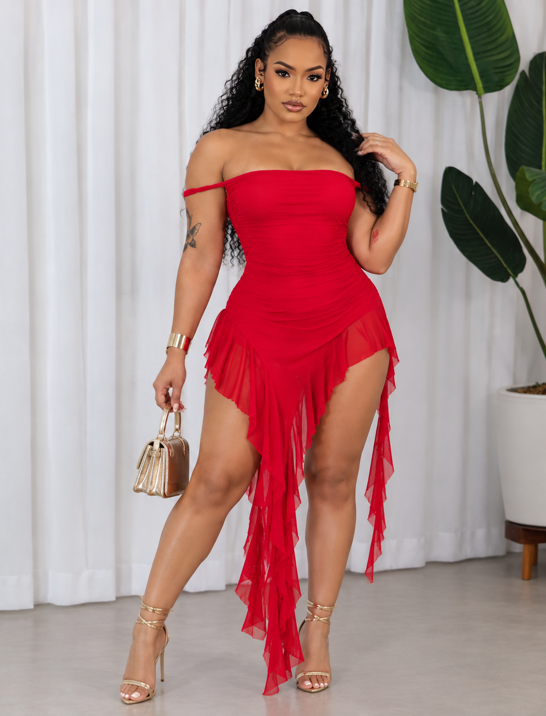 MESH TWIST SHOULDER DRESS