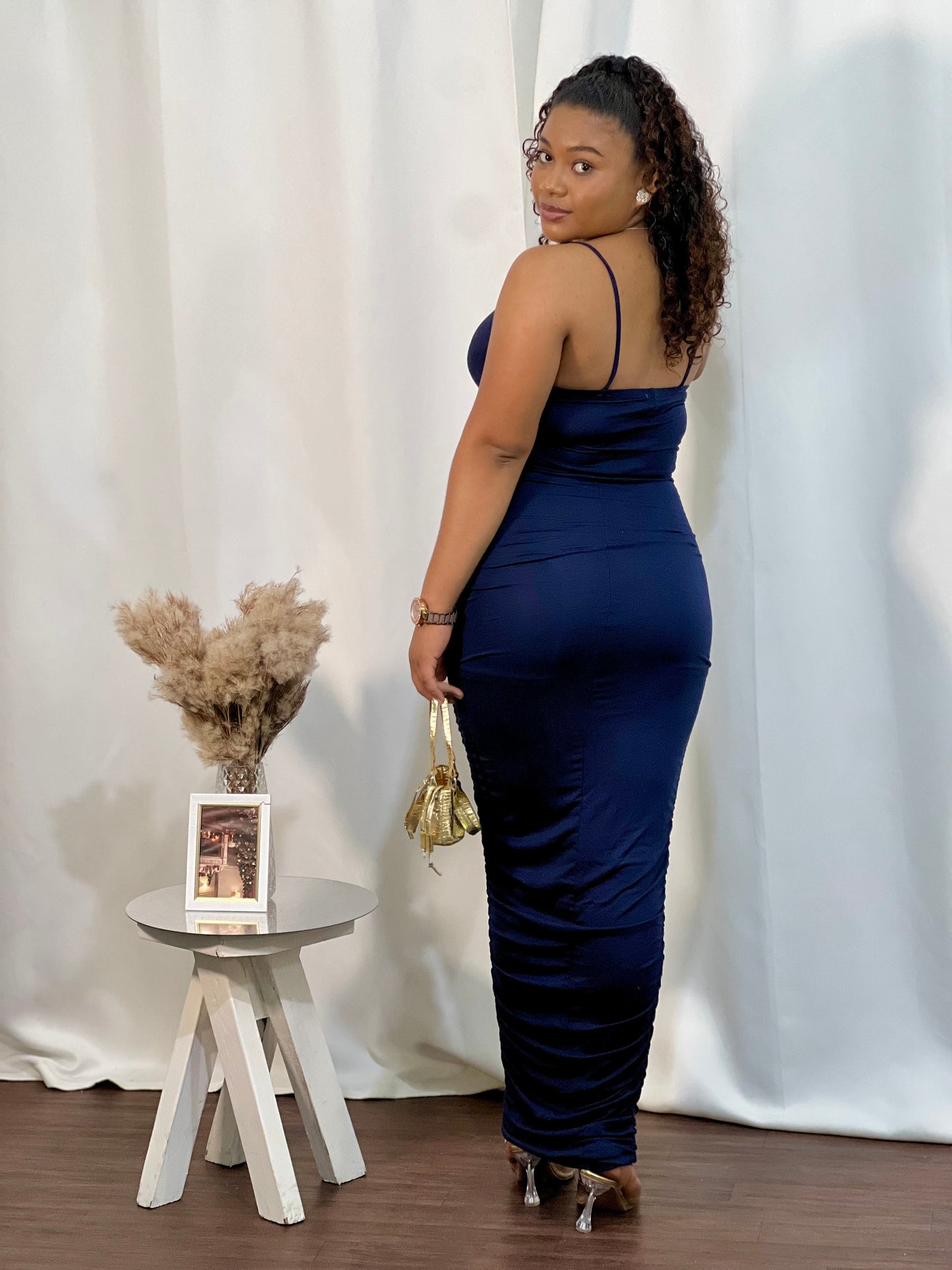 SPAGHETTI STRAP RUCHED MAXI DRESS