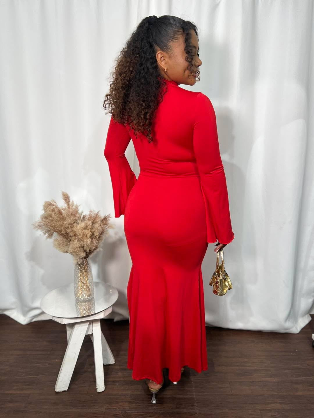 MOCK NECK LONG SLEEVE SLIT MERMAID TAIL MAXI DRESS