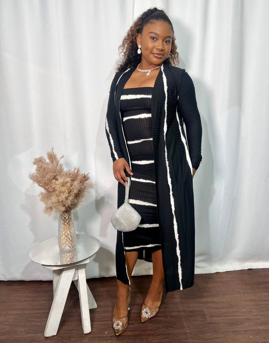 2PC STRIPE CARDIGAN & TUBE DRESS