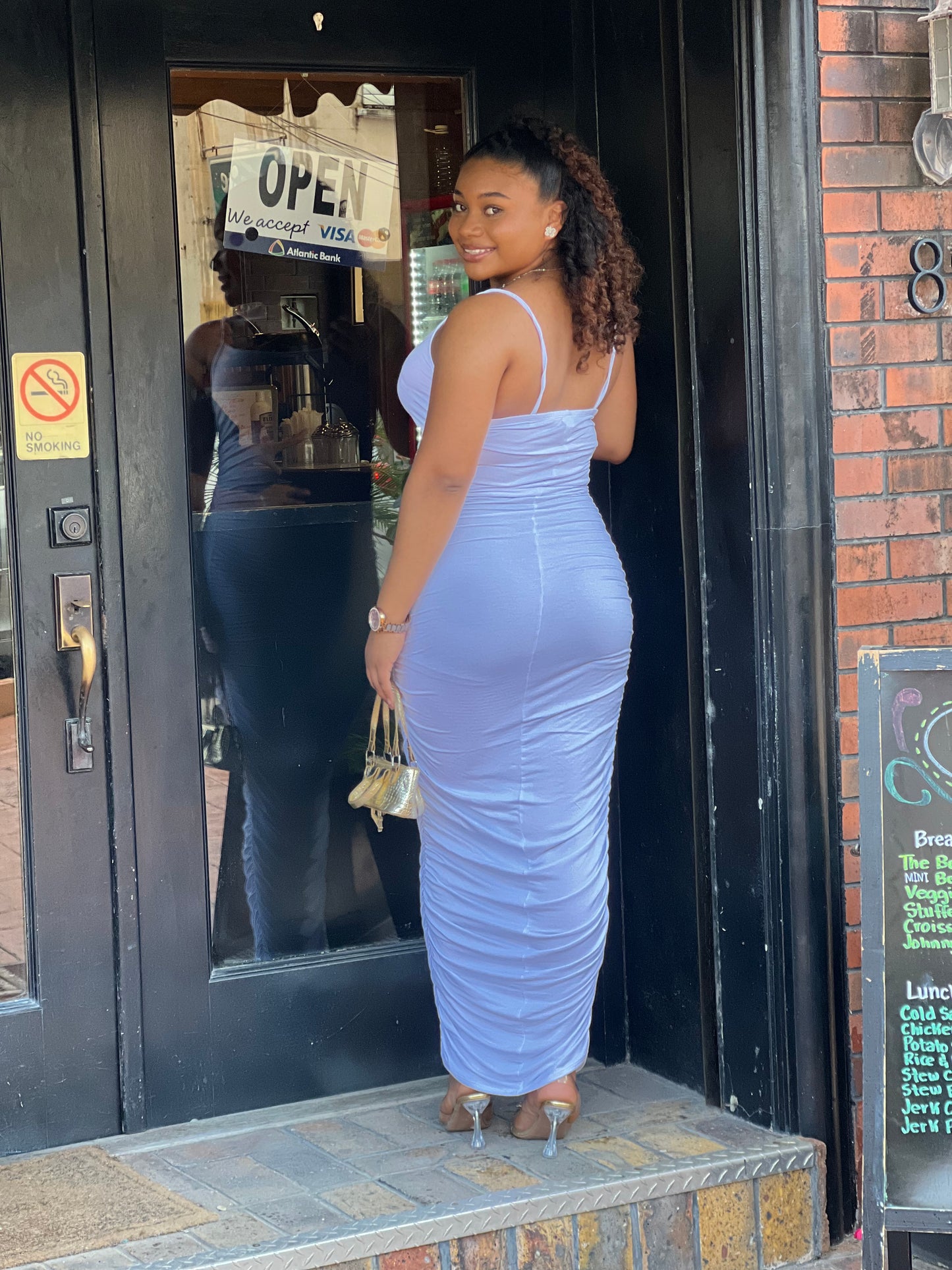 SPAGHETTI STRAP RUCHED MAXI DRESS