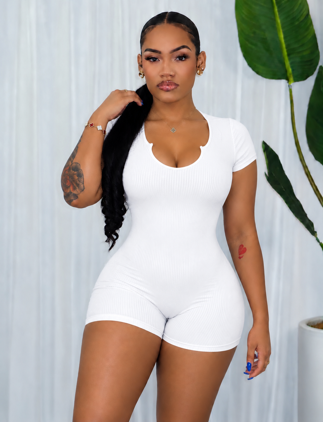 SOLID RIBBED SPLIT NECK ROMPER