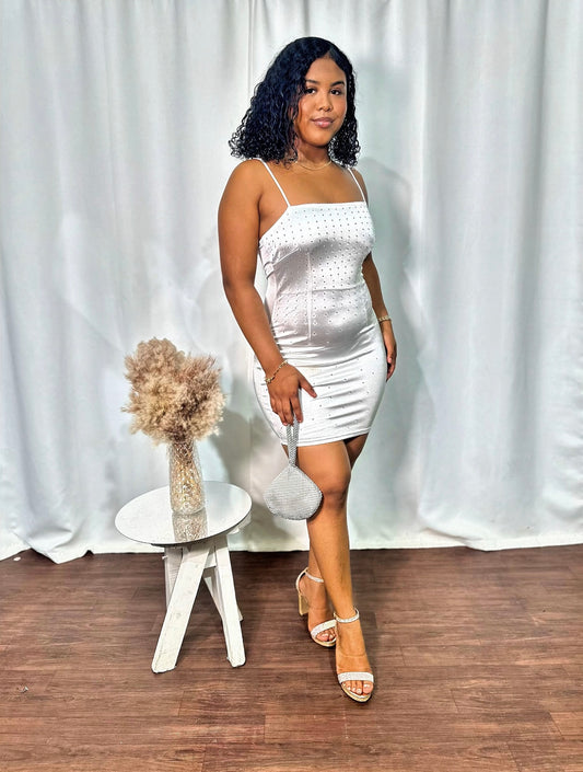 RHINESTONE STUDDED SATIN MINI DRESS