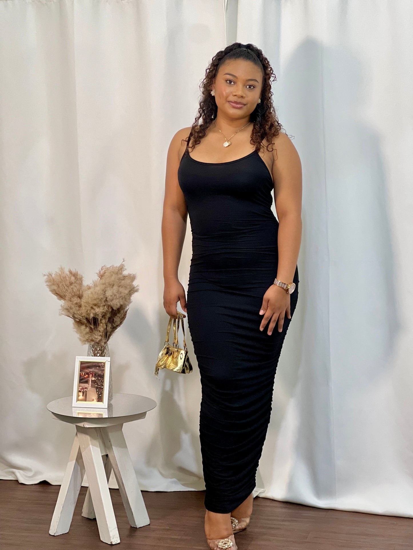 SPAGHETTI STRAP RUCHED MAXI DRESS