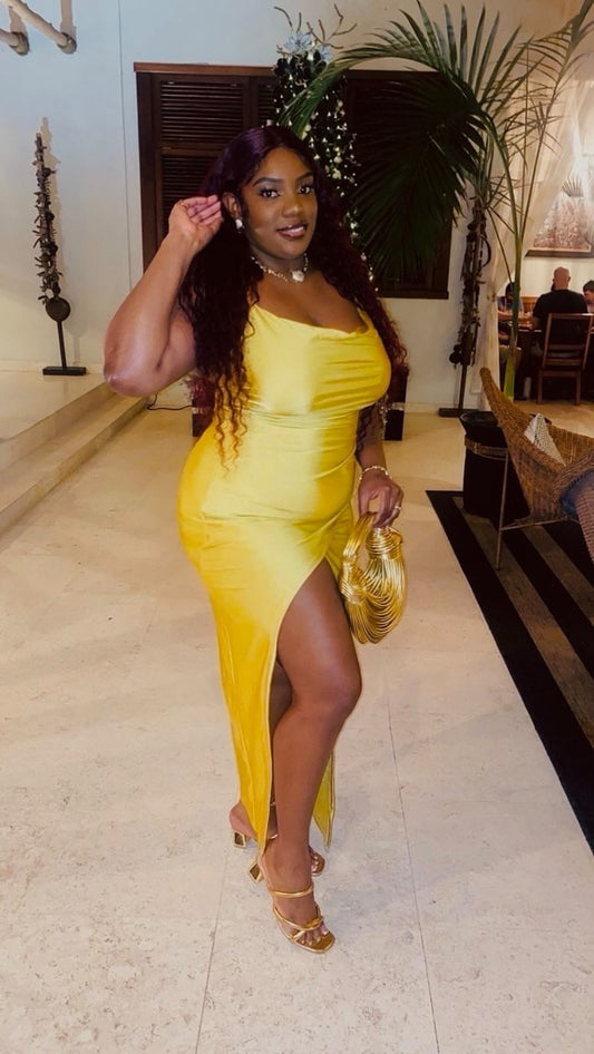 ODESSA COWL NECK MAXI DRESS W/ SIDE SPLIT