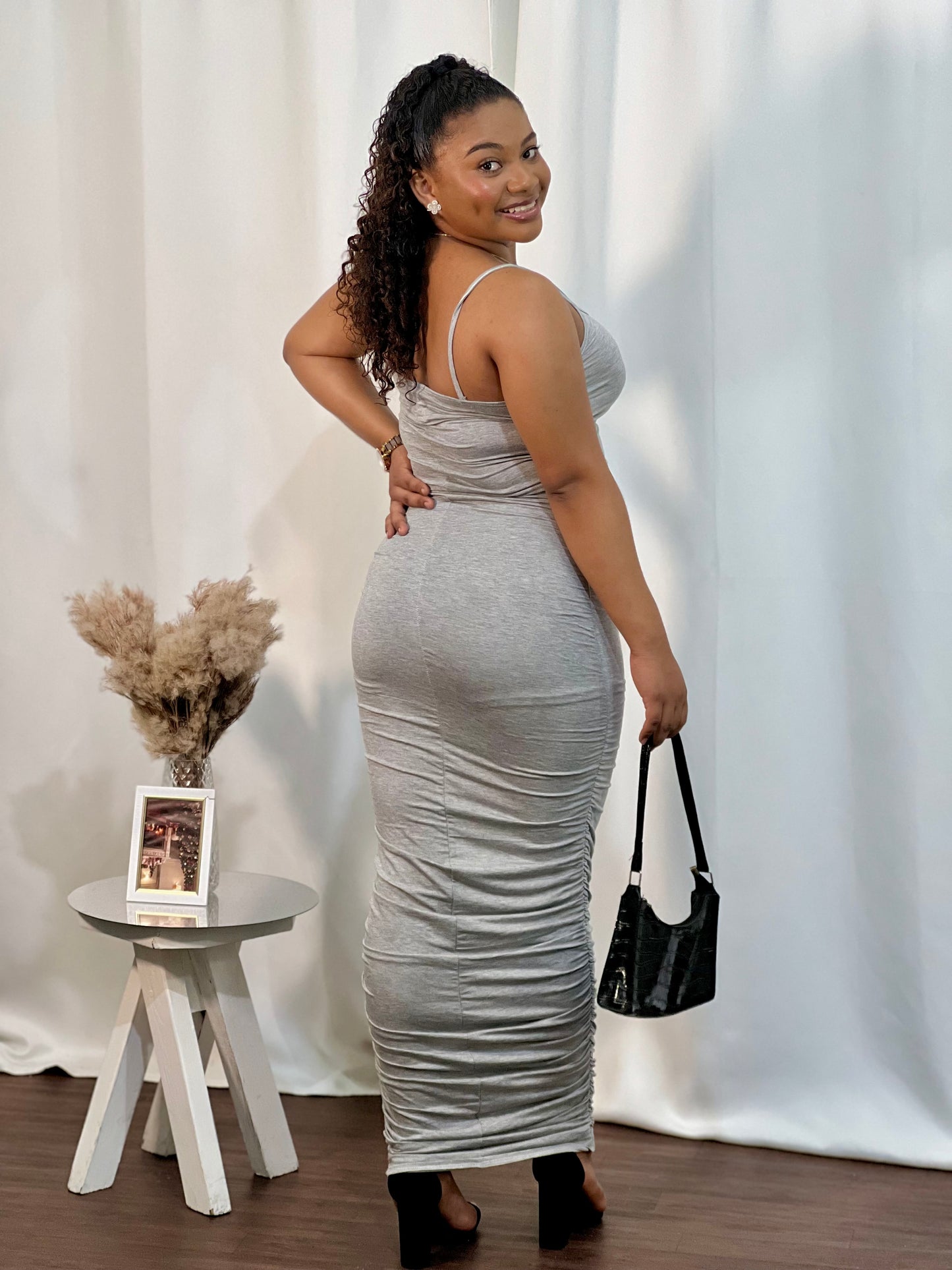 SPAGHETTI STRAP RUCHED MAXI DRESS