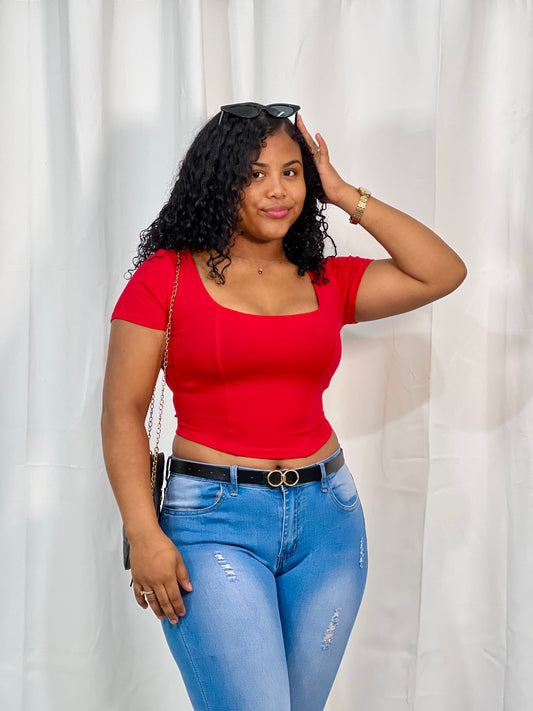 RIBBED SQUARE NECK SHORT SLEEVE TOP