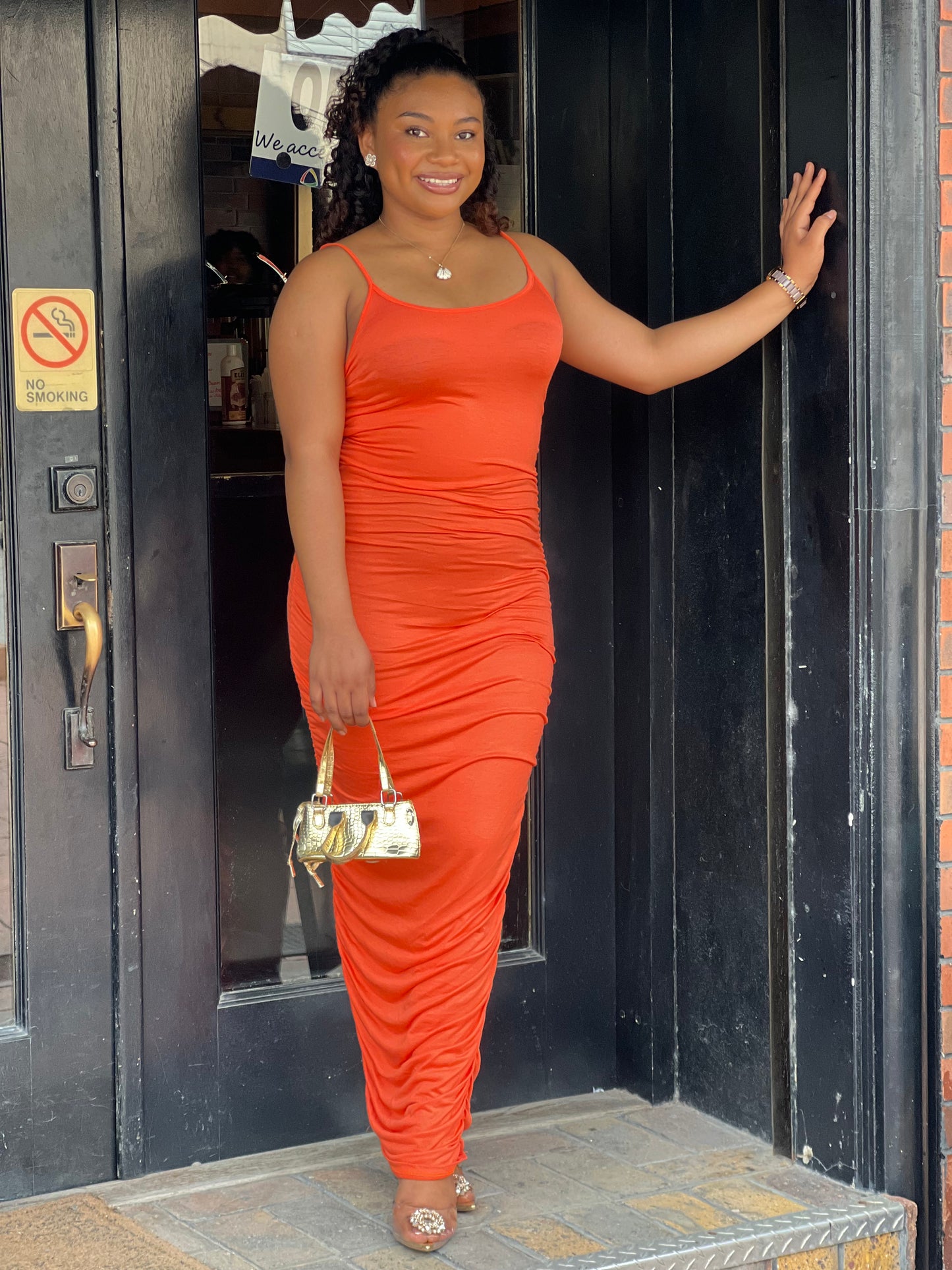 SPAGHETTI STRAP RUCHED MAXI DRESS