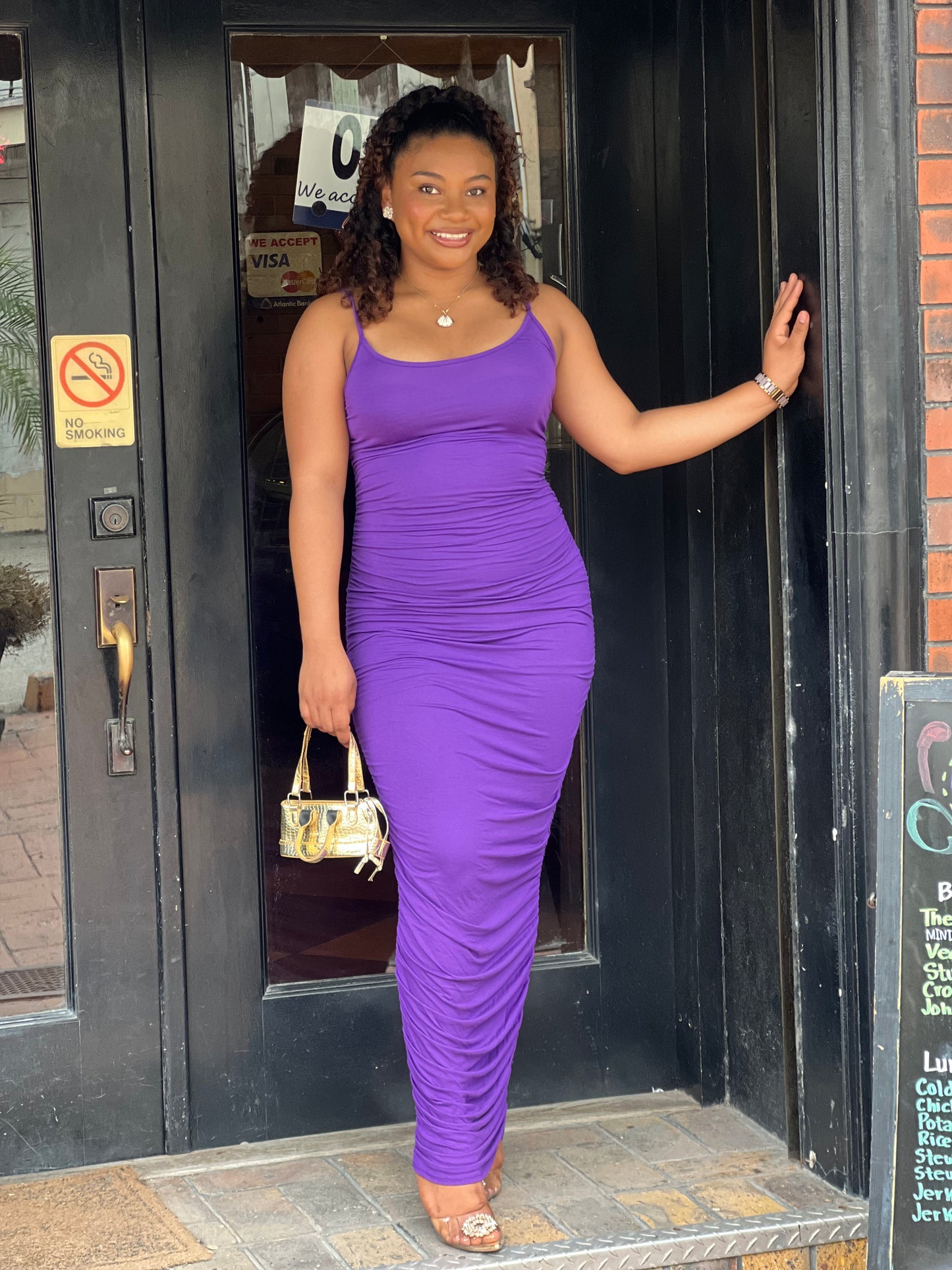 SPAGHETTI STRAP RUCHED MAXI DRESS