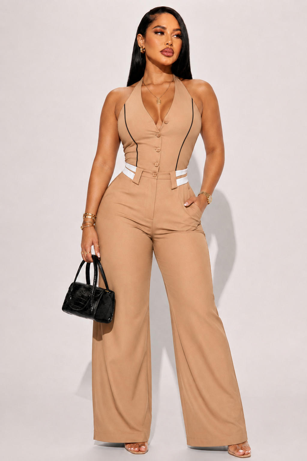 VEST-STYLE, HALTER TOP, FOLDED WAIST JUMPSUIT