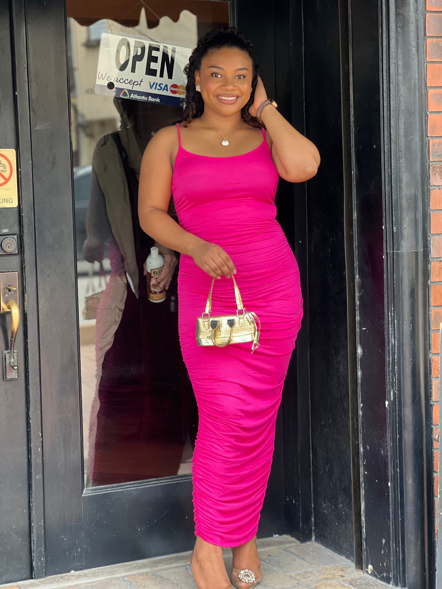 SPAGHETTI STRAP RUCHED MAXI DRESS