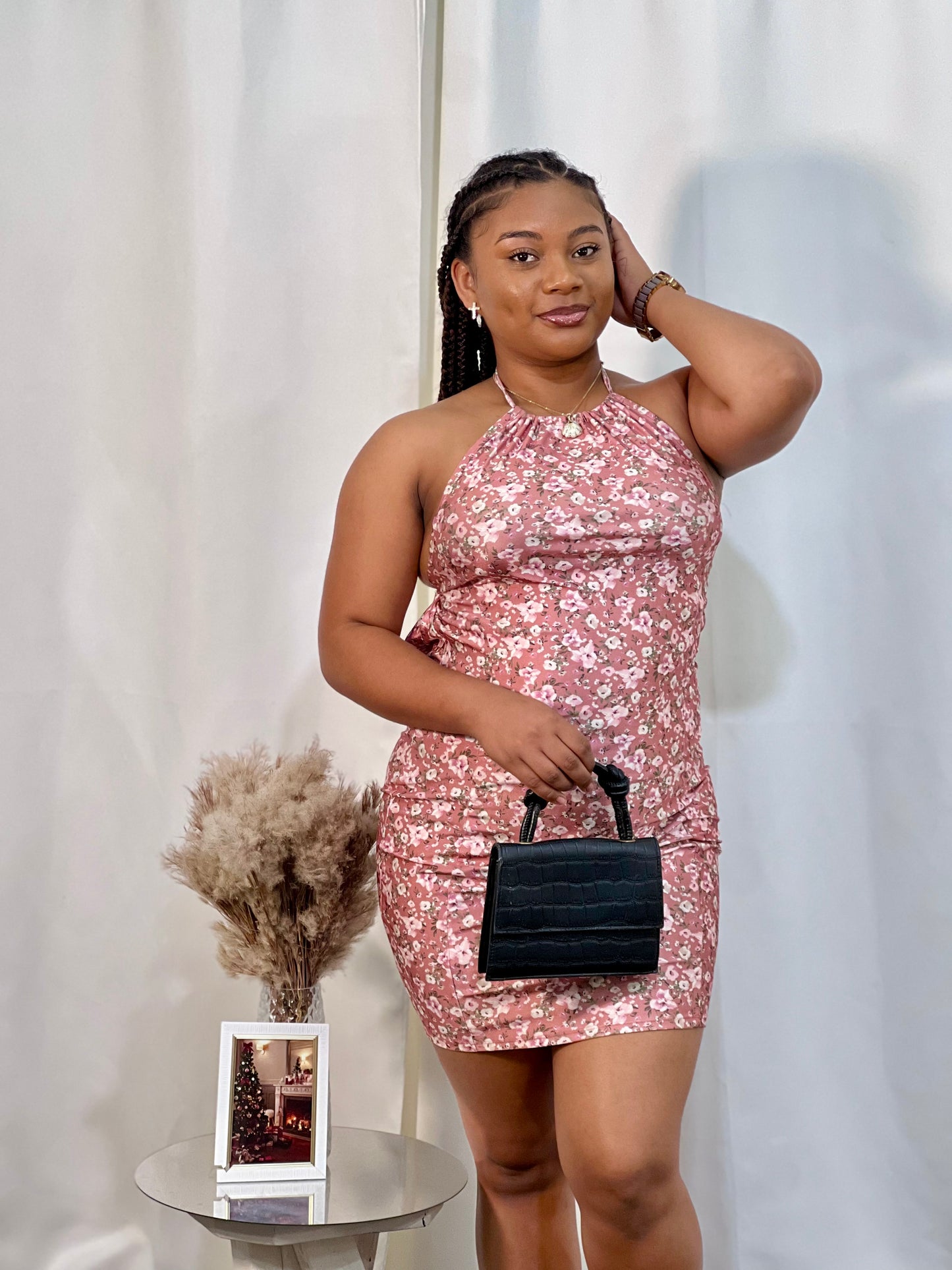 HALTER NECK, FLORAL PRINT MINI DRESS