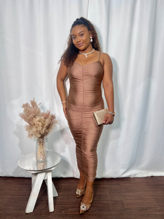 CAMI STRAP, SHIRRED BODYCON MIDI DRESS