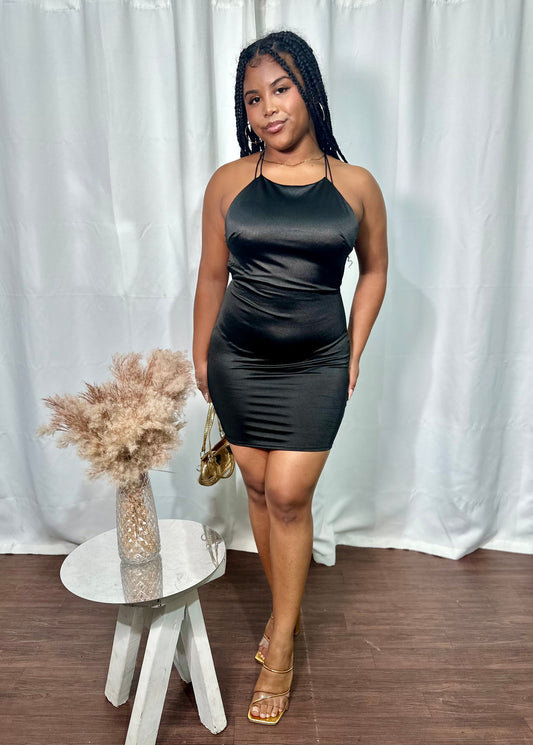 CAT GIRL SATIN CROSS BACK MINI DRESS