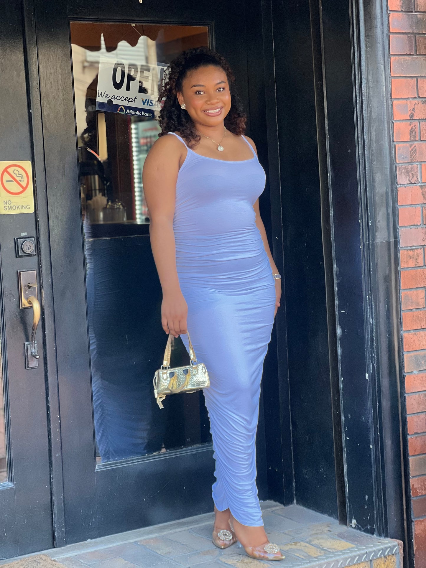 SPAGHETTI STRAP RUCHED MAXI DRESS