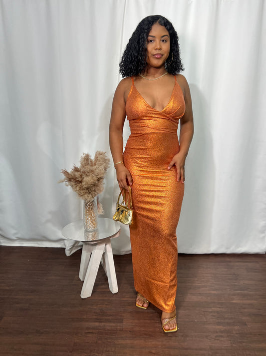 GLIMMERING GODDESS DEEP V MAXI DRESS