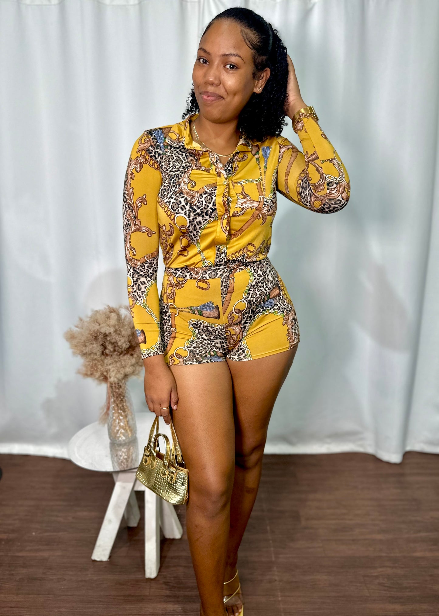 LONG SLEEVE PATTERNED MINI ROMPER