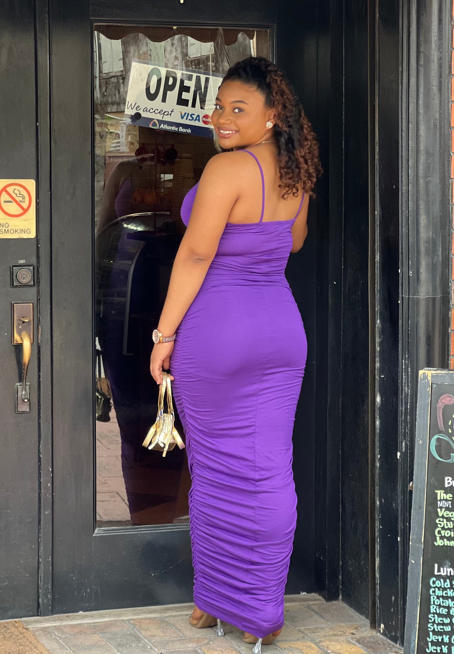 SPAGHETTI STRAP RUCHED MAXI DRESS