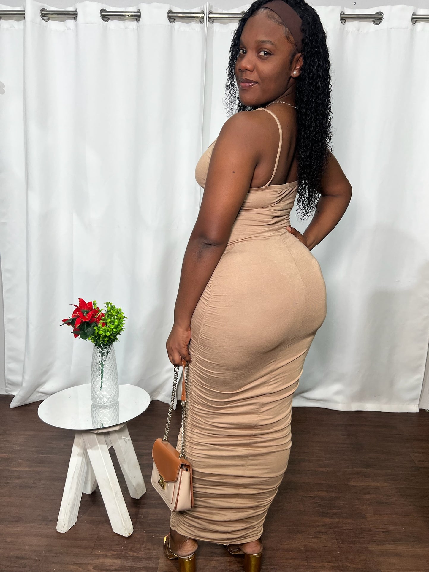 SPAGHETTI STRAP RUCHED MAXI DRESS
