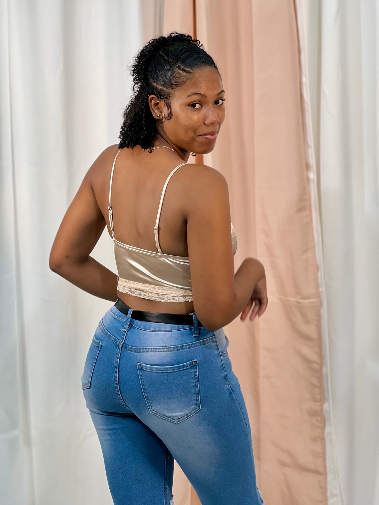 LACE-TRIMMED SATIN CROP TOP