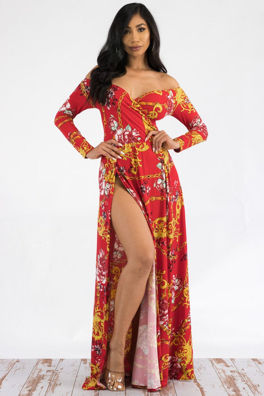 CHAIN MULTI PRINT LONG SLEEVE SLIT MAXI DRESS
