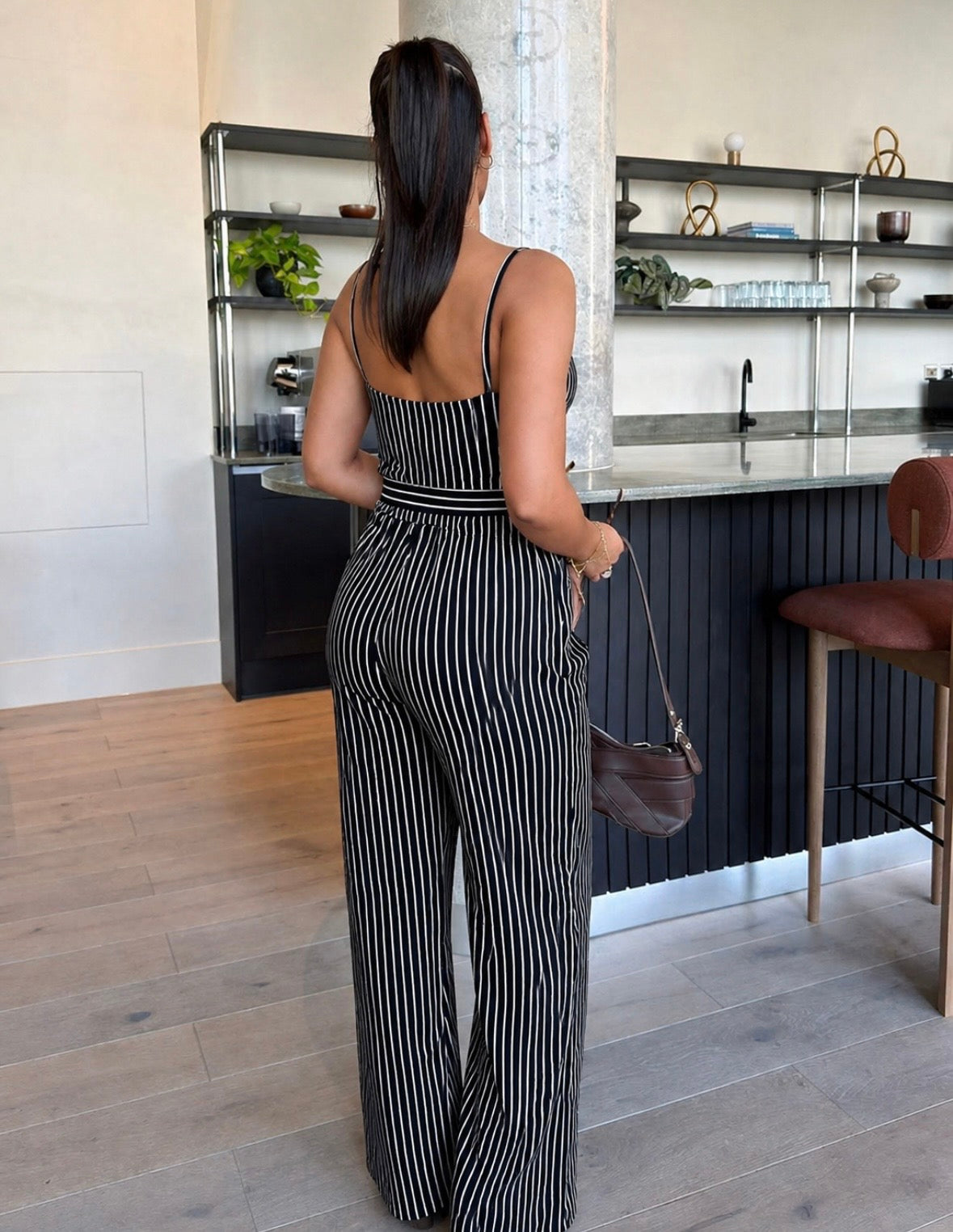 STRIPED V-CUT JUMPSUIT W/ WIDE LEG