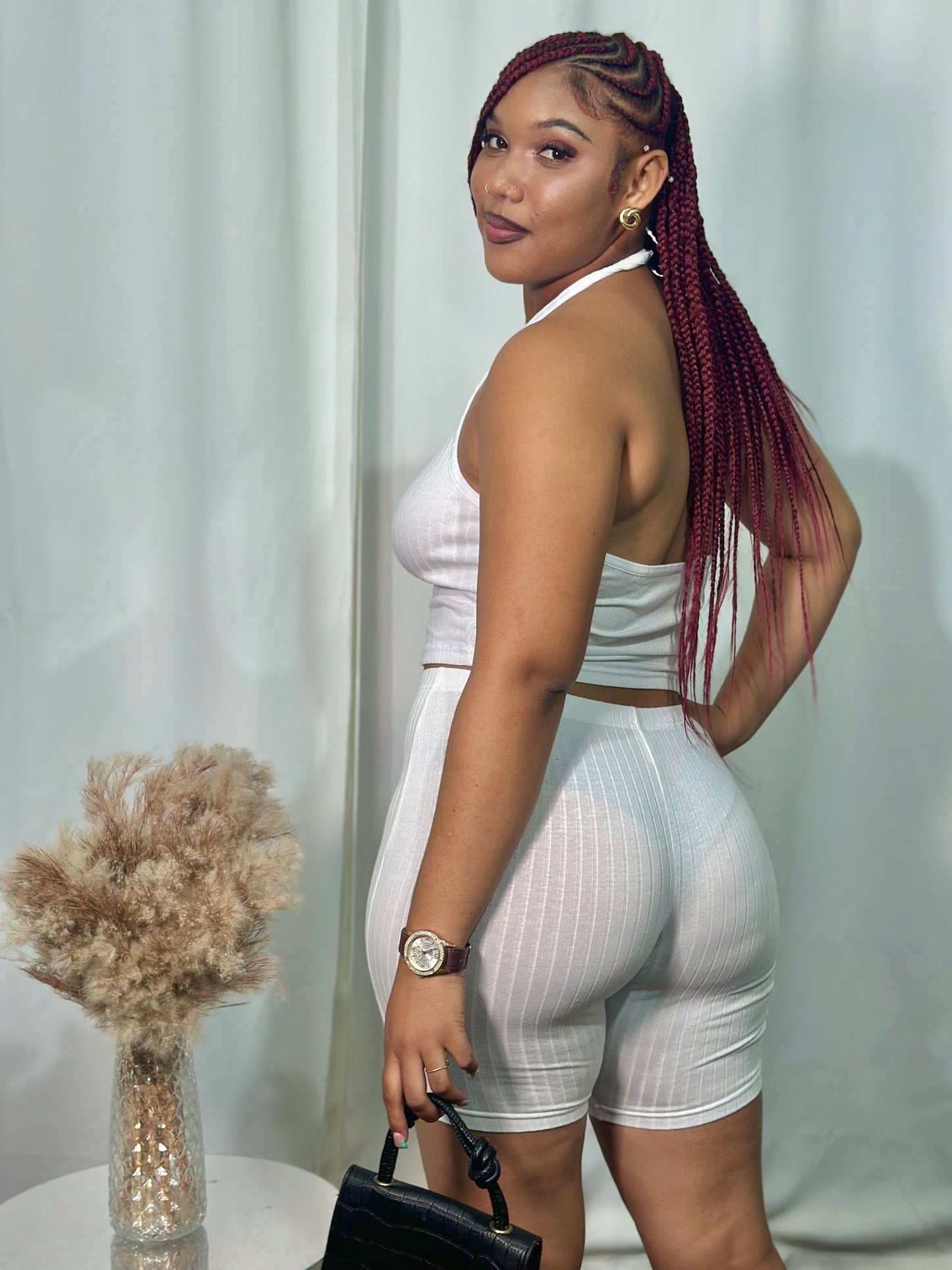 RIBBED HALTER BIKER SHORT SET