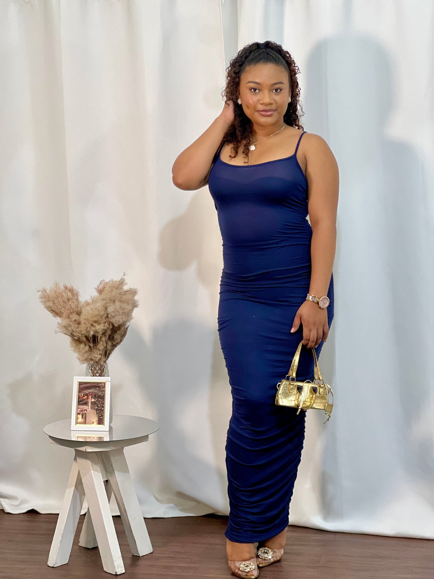 SPAGHETTI STRAP RUCHED MAXI DRESS