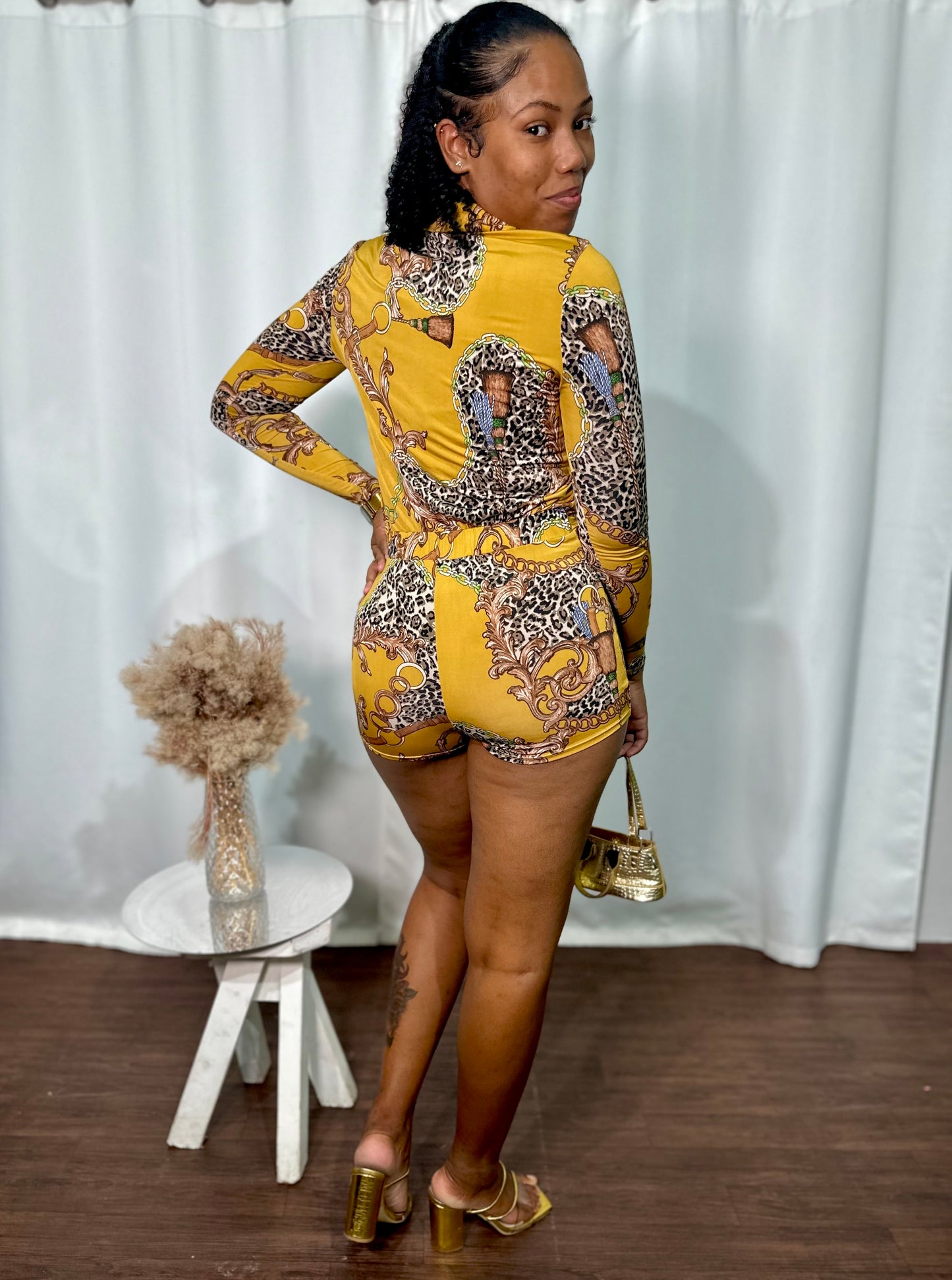 LONG SLEEVE PATTERNED MINI ROMPER