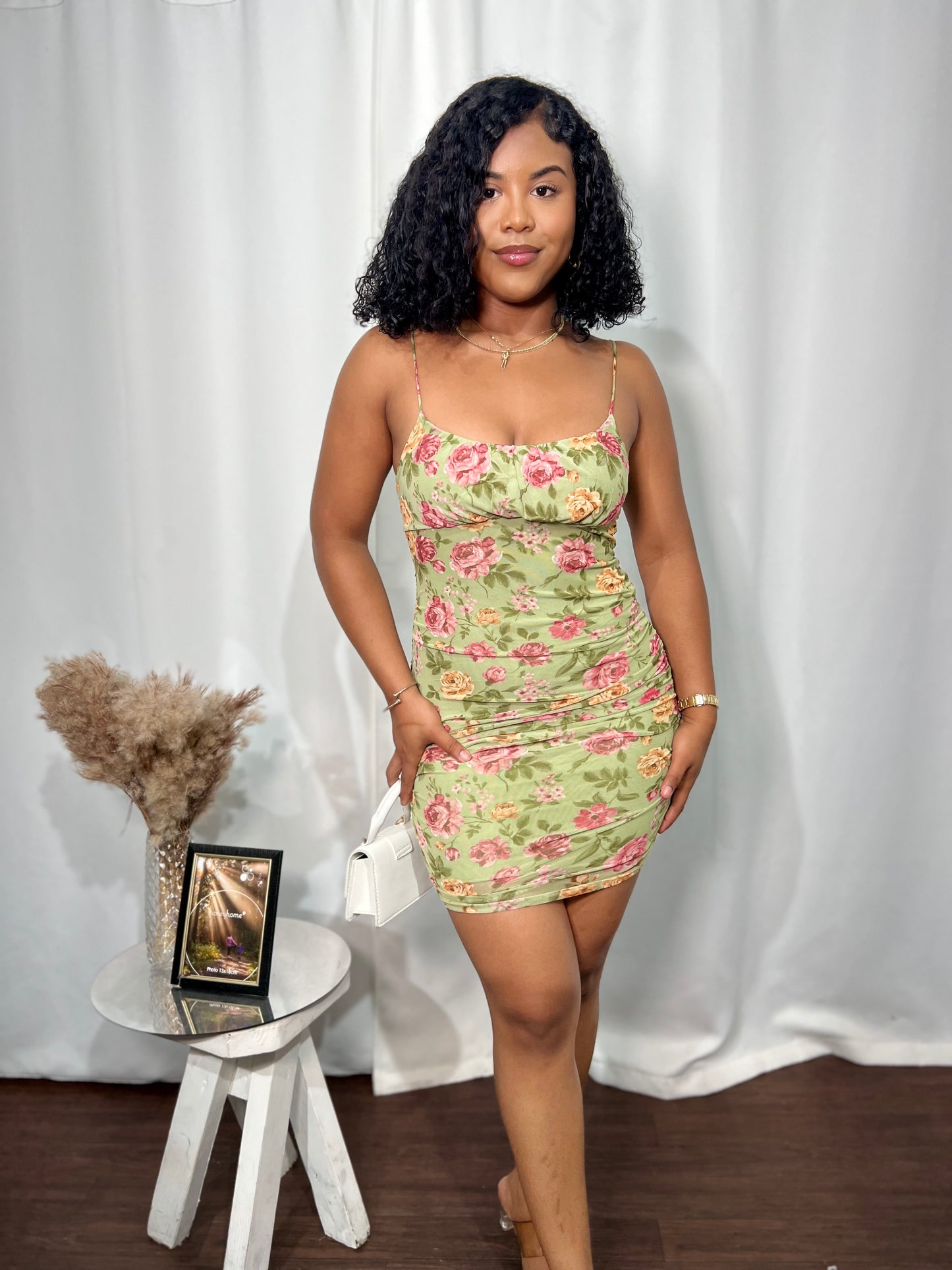 FLORAL PRINT MESH CAMI DRESS