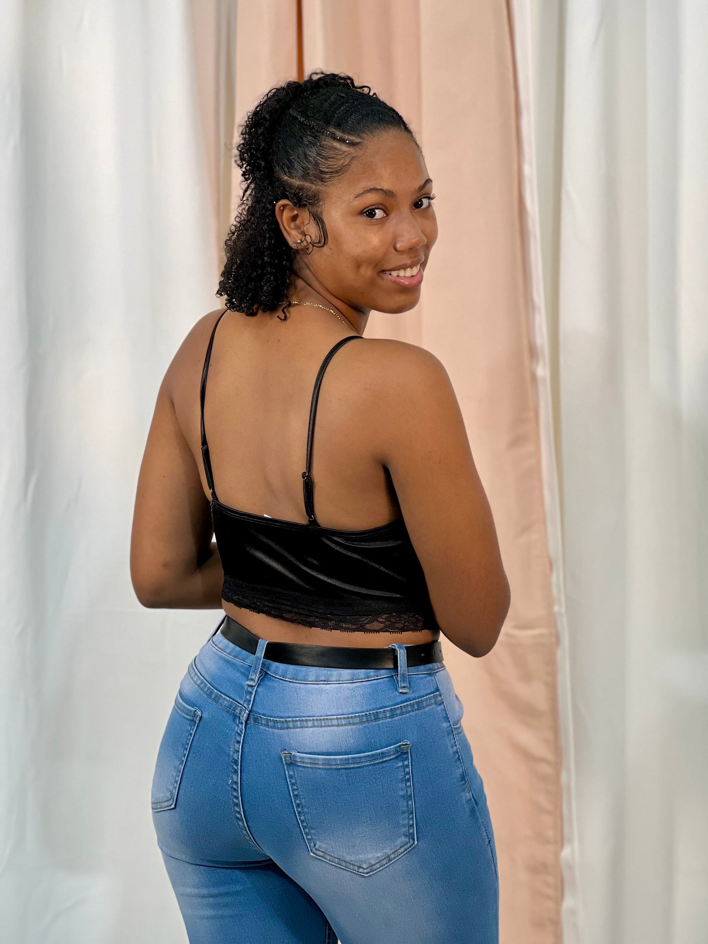 LACE-TRIMMED SATIN CROP TOP