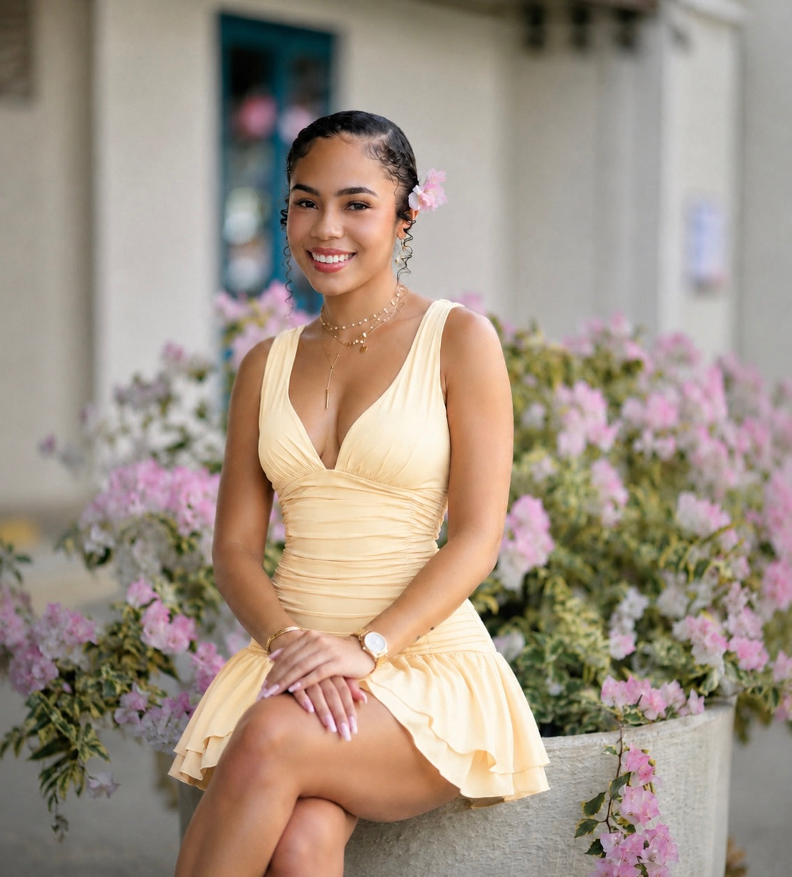 LAYERED RUCHED MINI DRESS