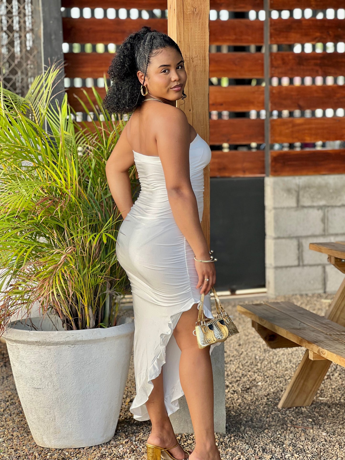 ASYMMETRICAL RUFFLED HEM TUBE DRESS