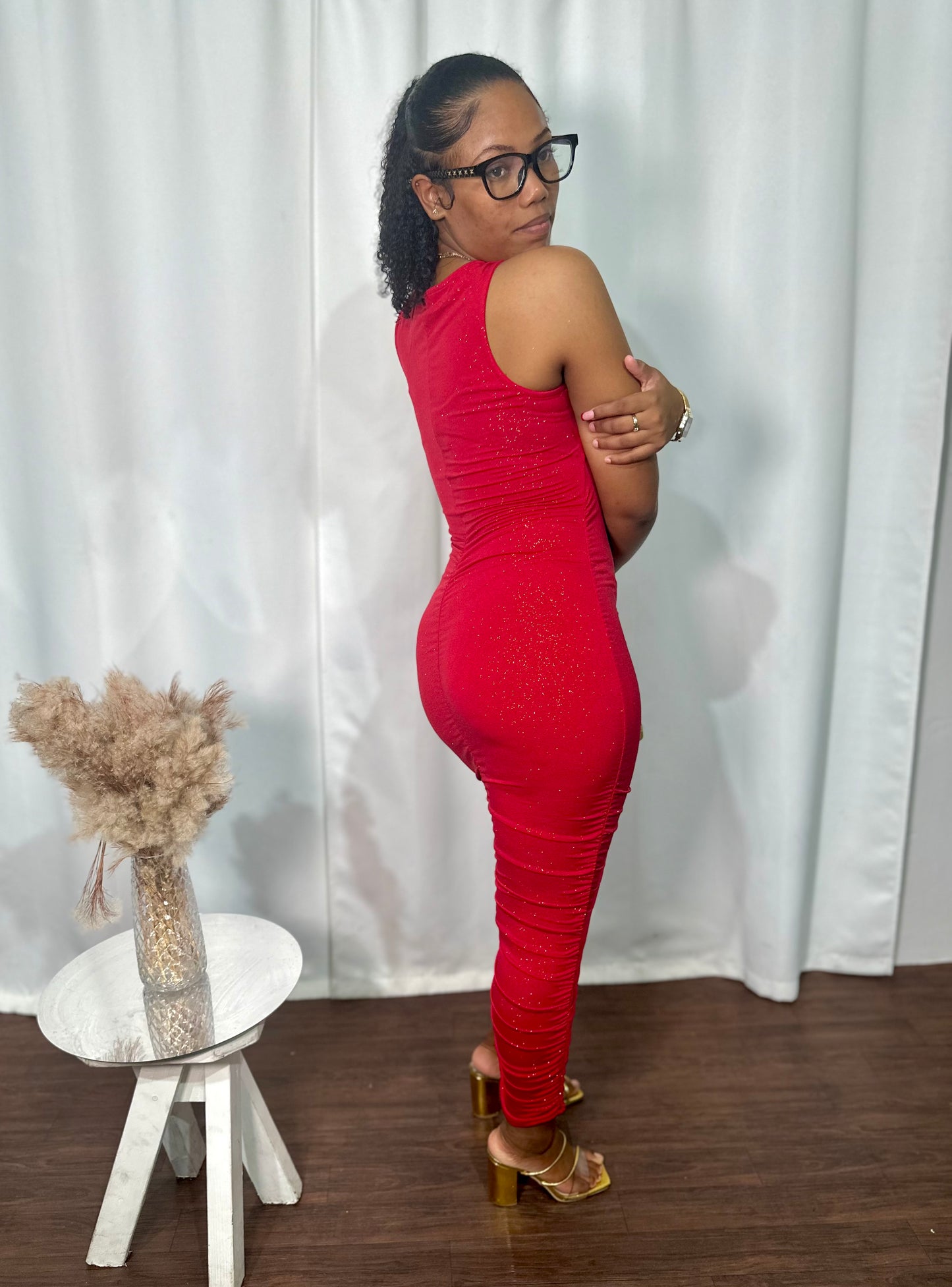 LUREX SLEEVELESS SHIRRED MAXI DRESS