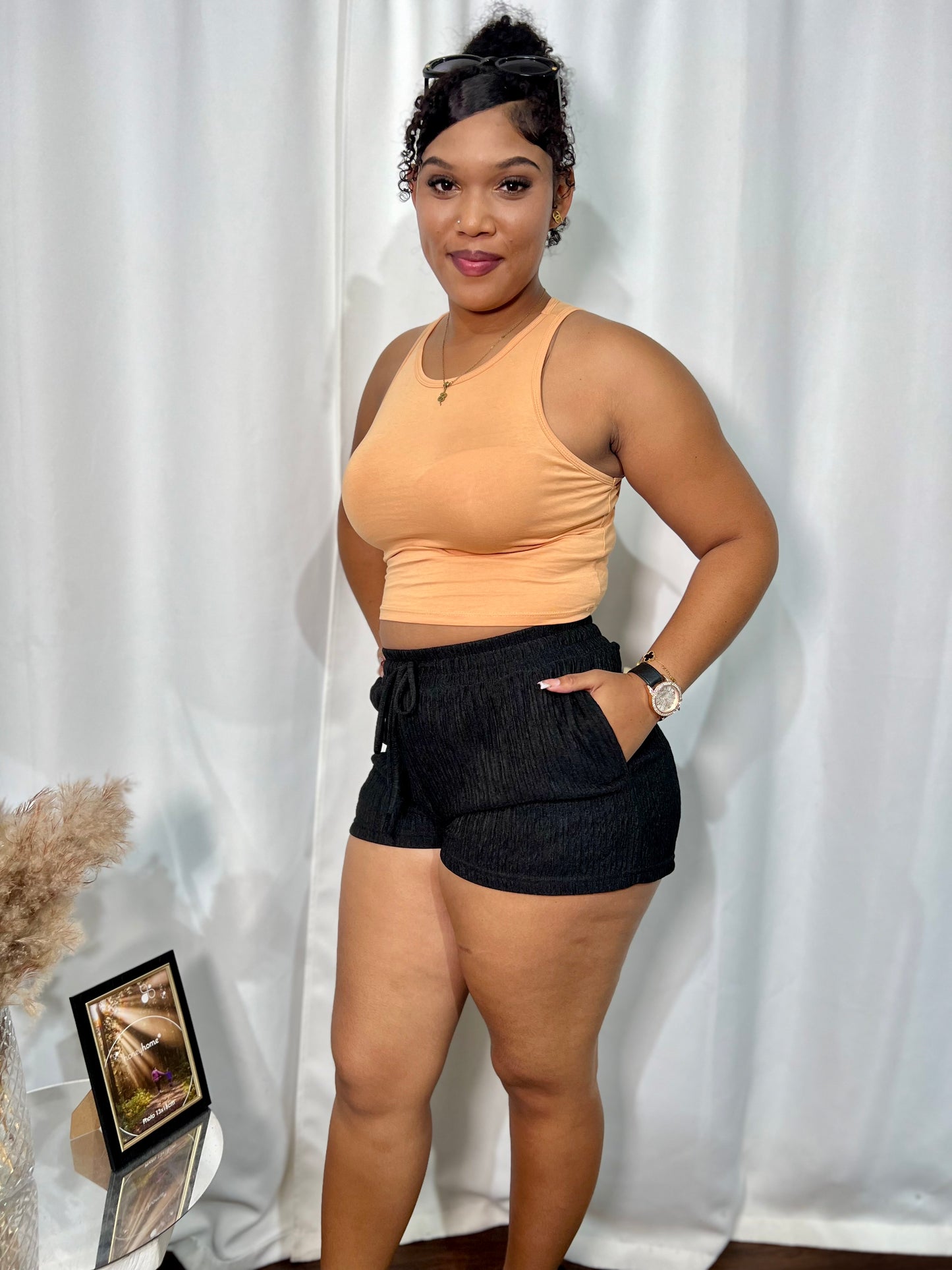 CRINKLED, DRAWSTRING POCKET SHORTS