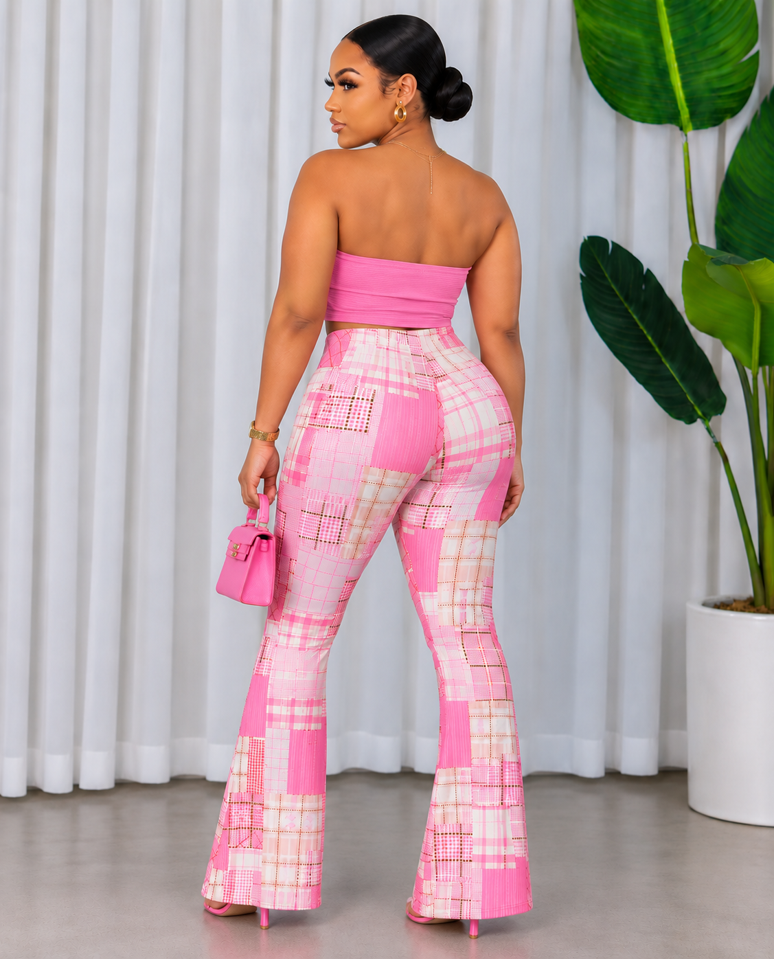 PLAID PATCHWORK FLARE PANTS