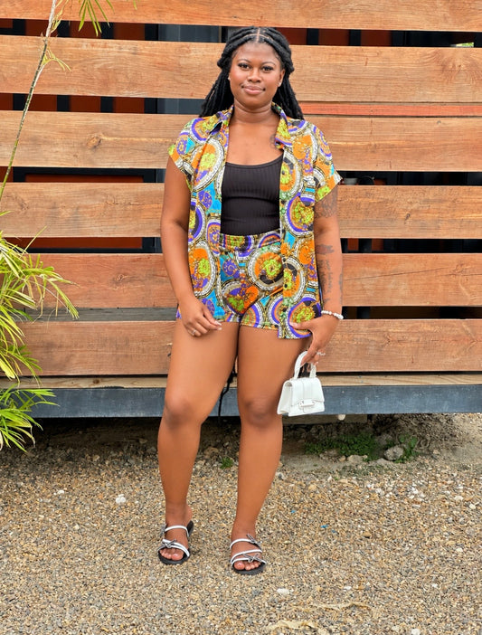ABSTRACT PRINT BUTTON SHIRT / SHORTS SET
