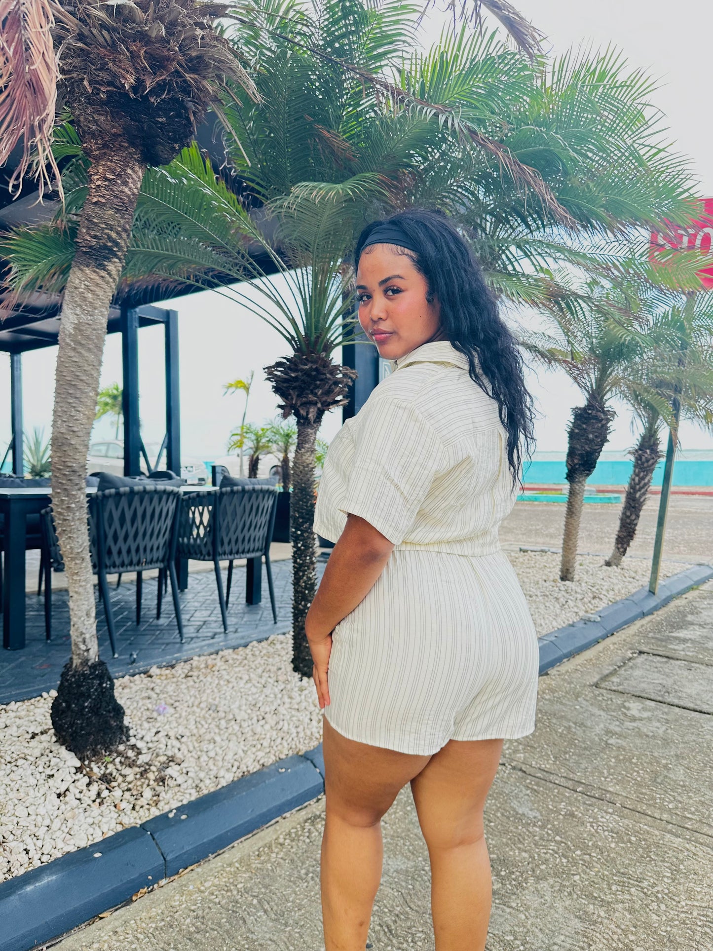 CONTRAST STRIPED SHORT SLV BUTTON TOP/ SHORTS SET