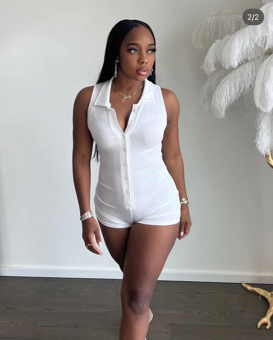 BUTTON-FRONT, RIBBED SLEEVELESS ROMPER