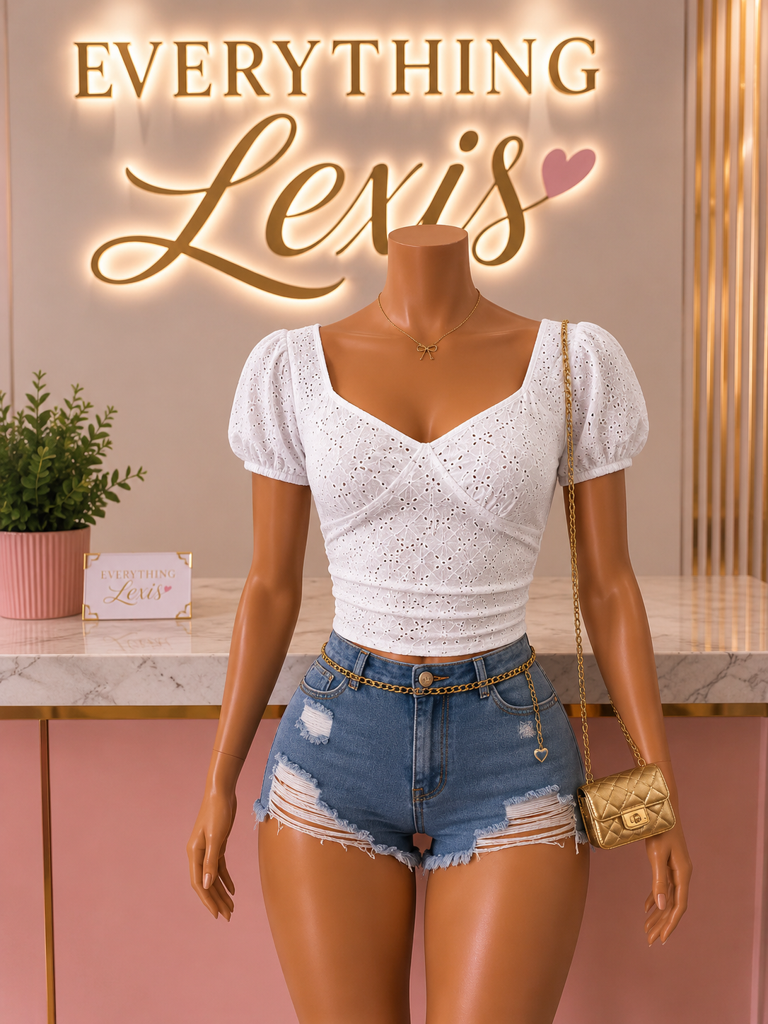 EYELET SWEETHEART NECKLINE PUFF-SLEEVE CROP TOP