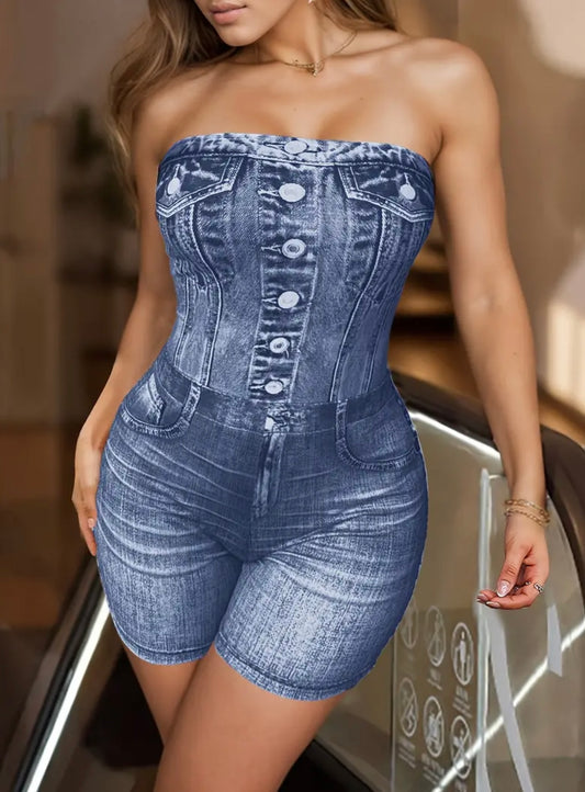 DENIM PRINT TUBE ROMPER