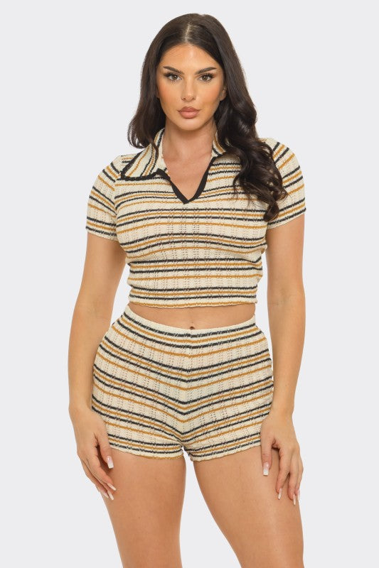 CROCHET STRIPES CROP TOP SHORTS SET