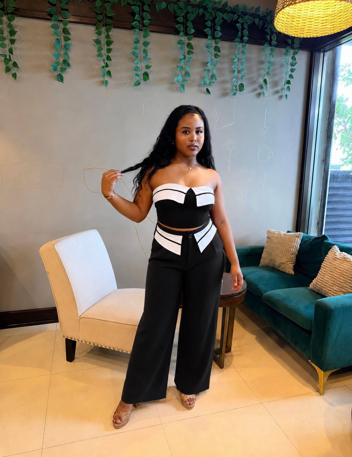 FOLD-OVER CONTRAST, TUBE TOP / PANTS SET